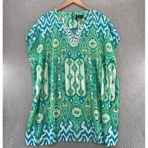 Bob Mackie Top Womens 1X Plus Green Floral Embellished Belted Tunic Short Sleeve